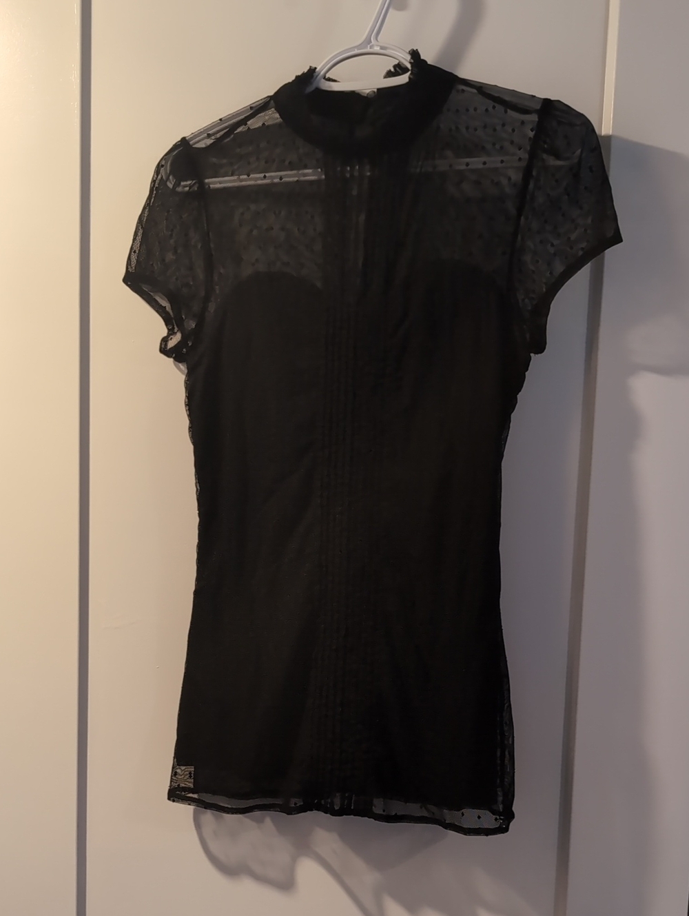Guess Black Sheer Dot Mesh Short Sleeve Top